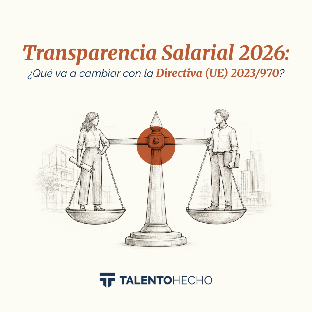 Imagen de portada sobre transparencia salarial 2026 y la Directiva (UE) 2023/970, representada con una balanza y profesionales del sector de arquitectura e interiorismo.