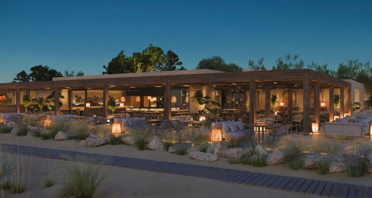Resort contemporáneo frente al mar con paisajismo, palmeras, piscinas y arquitectura hotelera de lujo, vinculado a selección de talento especializado en arquitectura.