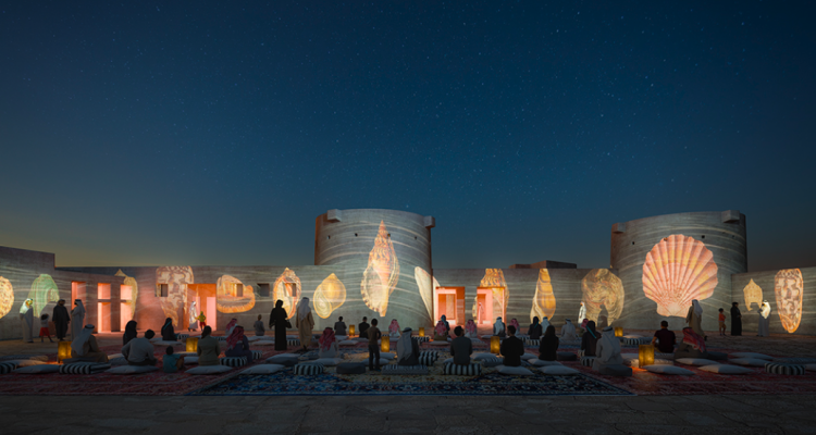 Cultural Centre en KSA de Urko Architects, proyecto cultural con arquitectura experiencial, proyecciones artísticas e instalación nocturna, vinculado a selección de talento especializado en arquitectura.